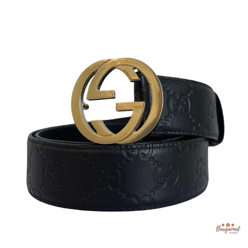 Authentic Gucci Black Guccissima Leather Gold Interlocking G Buckle Belt 75/30